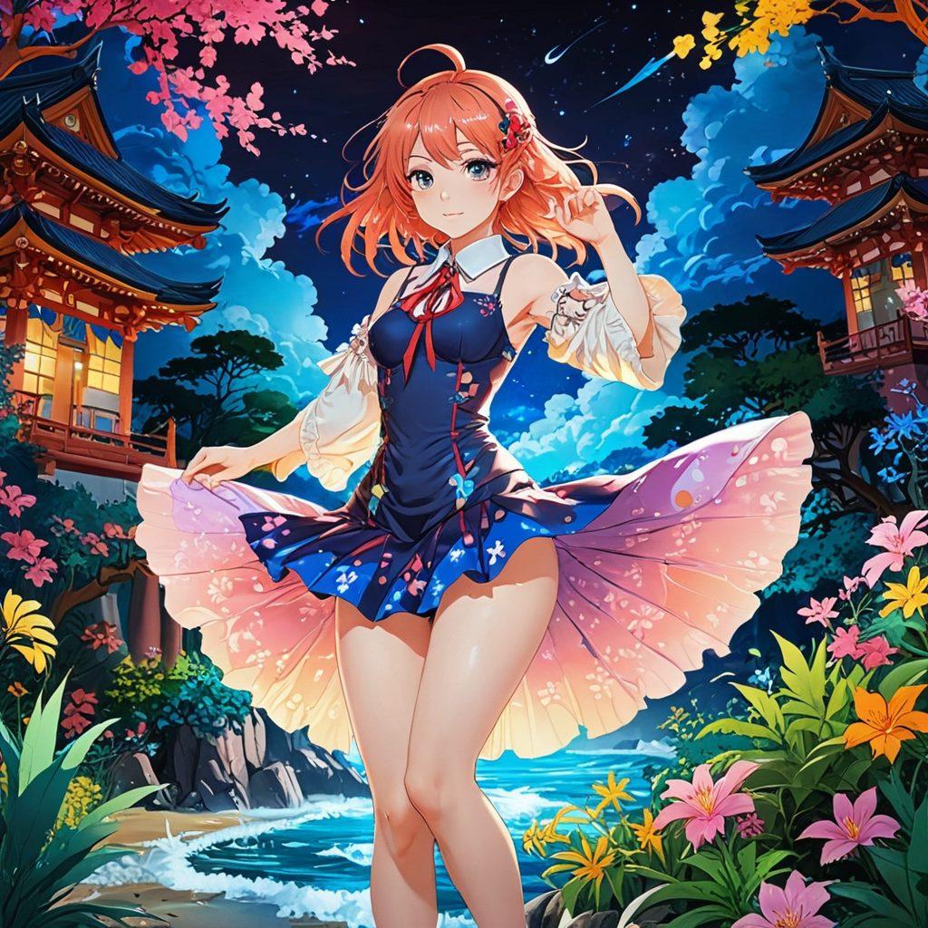 A whimsical and captivating scene featuring a colorful and stylized anime character in a dynamic pose, surrounded by elements that represent adult animation, like playful designs of various hentai art styles. The background should be a vibrant blend of fantasy landscapes and abstract shapes that evoke a sense of exploration and seduction. Incorporate bold colors and intricate details to showcase the allure of the genre. The overall composition should be both inviting and intriguing, drawing the viewer into the world of erotic anime. vivid colors. digital art. fantasy.