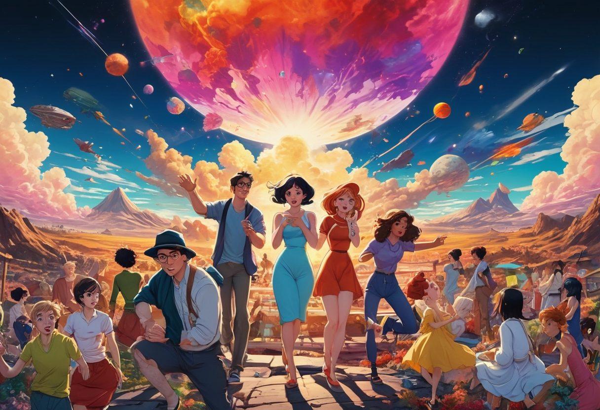 A colorful collage showcasing the evolution of adult animation, featuring iconic scenes from both hentai and mainstream adult cartoons. Include stylized characters with exaggerated expressions and dynamic poses, surrounded by elements representing various animation styles such as cel shading, watercolor, and 3D effects. The background should be a vibrant, abstract representation of the animation landscape, with hints of cultural references and playful motifs. super-realistic. vibrant colors. detailed illustration.